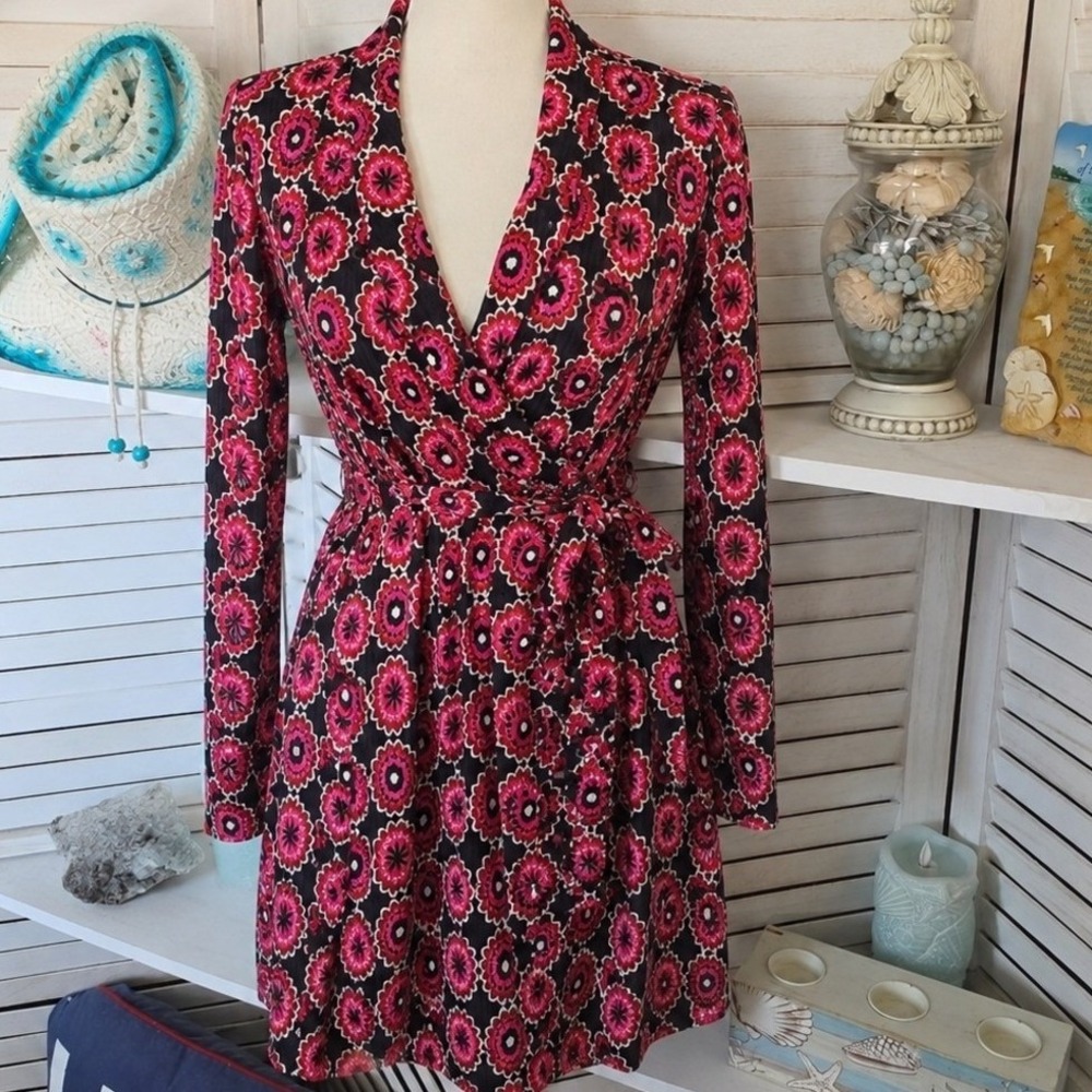 New Look Curves Pink Black Floral Wrap Dress Size 20 Long Sleeve V-Neck Mini